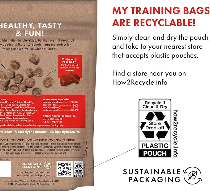 Buddy Biscuits Trainers Training Bites Soft & Chewy Dog Treats, Beef, 10 oz. Pouch - PAWPICO