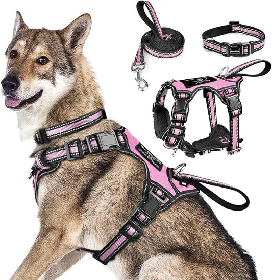 WINSEE Pet Harness Collar and Leash Set, All-in-one Reflective Dog Harness No Pull with Adjustable Buckles for Puppies, Small, Medium, Large, and Extra-Large Dogs (X-Large, Pink) - PAWPICO