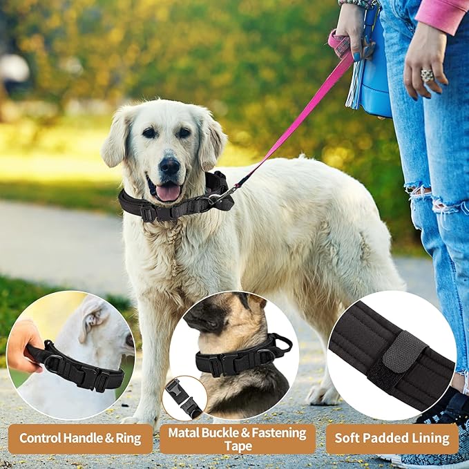 Tactical Dog Collar - Military Dog Collar, Adjustable Heavy Duty Metal Buckle Nylon Dog Collar with Control Handle for Small Medium Large Dogs (Black, XL) - PAWPICO