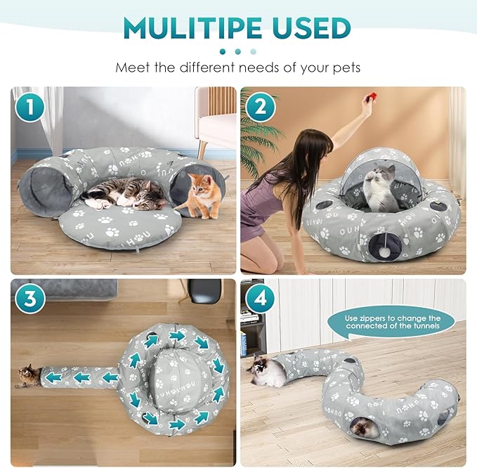 Cat Tunnel Bed, Cat Tunnels for Indoor Cats, Cat Donut Tunnel with Mat, Straight Tunnel, 4 Hanging Balls and Blackout Tent, Collapsible Peekaboo Cat Cave - PAWPICO