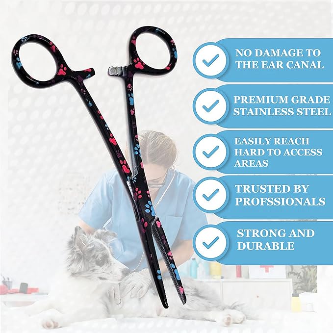 Dog Pet Ear/Nose Hair Puller Grooming Hemostat Locking Forceps Pliers, 5.5" (14cm), Straight (Black Multi Paws) A2Z+SCILAB