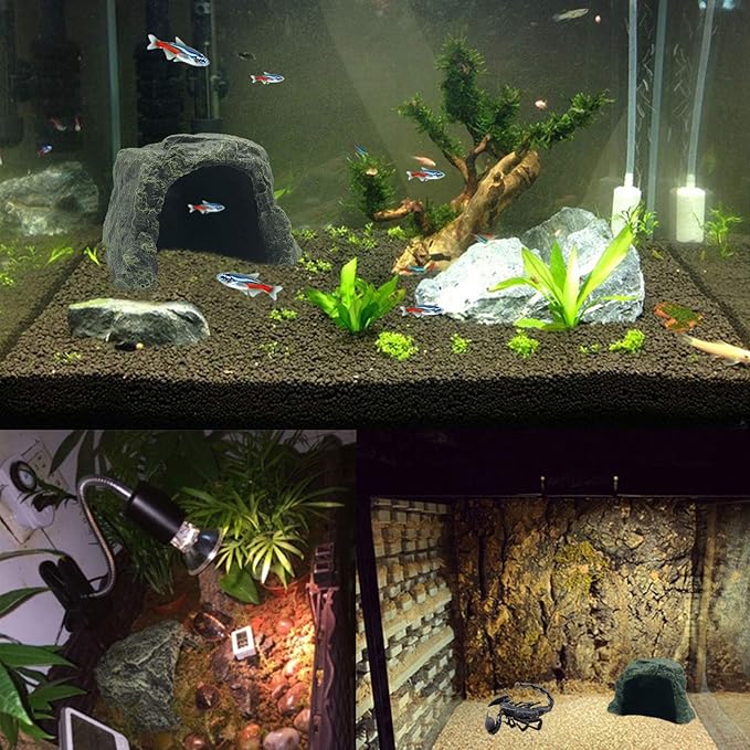 PINVNBY Large Reptile Hideout Cave,Resin Rock Hides Habitat Decor Lizard Box Shelter Tortoise Basking Terrace Pet Terrarium Nest Decoration for Gecko,Spiders,Frogs,Fish,Turtles and Hermit Crabs PINVNBY