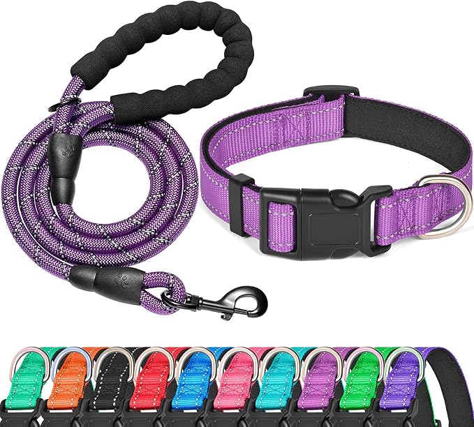 Reflective Dog Collar Padded with Soft Neoprene Breathable Adjustable Nylon Dog Collars for Small Medium Large Dogs (Large (Pack of 1), Purple Collar+Leash) ladoogo