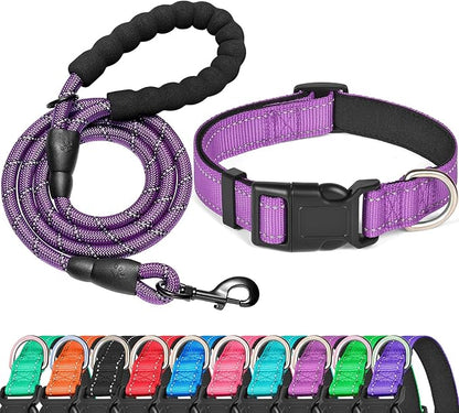 Reflective Dog Collar Padded with Soft Neoprene Breathable Adjustable Nylon Dog Collars for Small Medium Large Dogs (Large (Pack of 1), Purple Collar+Leash) ladoogo