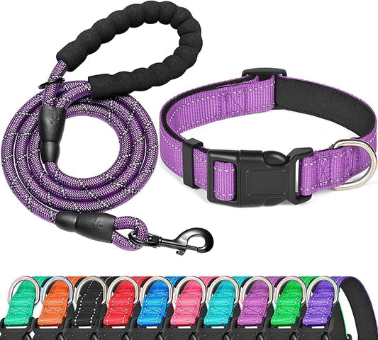 Reflective Dog Collar Padded with Soft Neoprene Breathable Adjustable Nylon Dog Collars for Small Medium Large Dogs (Medium (Pack of 1), Purple Collar+Leash) ladoogo
