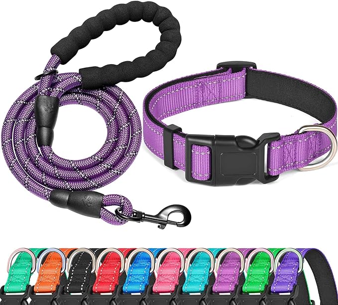 Reflective Dog Collar Padded with Soft Neoprene Breathable Adjustable Nylon Dog Collars for Small Medium Large Dogs (X-Small (Pack of 1), Purple Collar+Leash) ladoogo