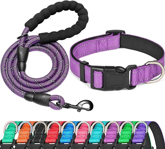 Reflective Dog Collar Padded with Soft Neoprene Breathable Adjustable Nylon Dog Collars for Small Medium Large Dogs (X-Small (Pack of 1), Purple Collar+Leash) ladoogo