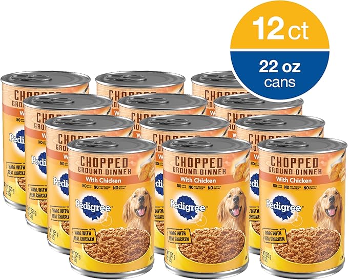 PEDIGREE CHOPPED GROUND DINNER Adult Canned Soft Wet Dog Food with Chicken, 22 oz. Cans (Pack of 12) - PAWPICO