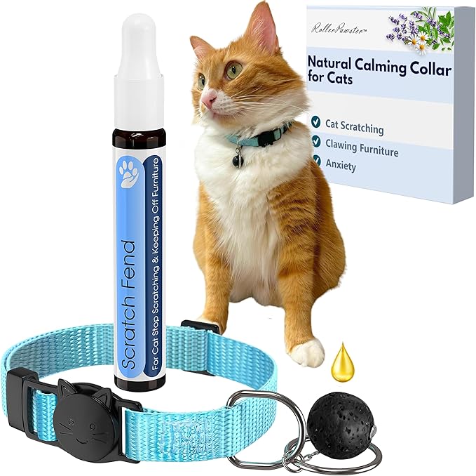 Anti Cat Scratch Calming Collar, Natural Cat Repellent, Keep Cats from Clawing Furniture, Stress Relief, Breakaway, Vet-Approved with Essential Oils (Geranium) ROLLERPAWSTER