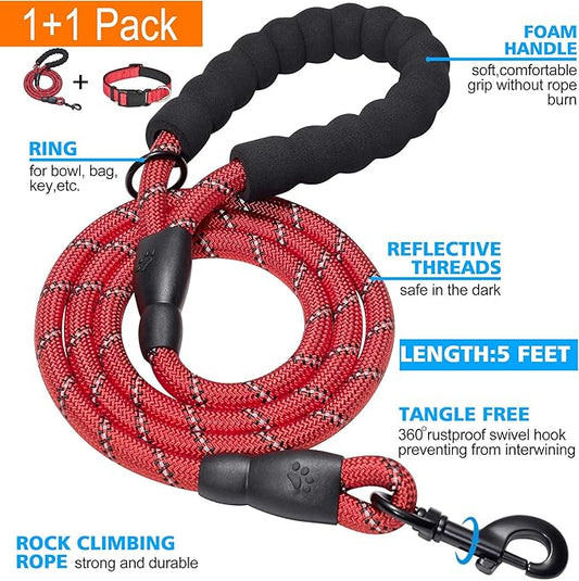 Reflective Dog Collar Padded with Soft Neoprene Breathable Adjustable Nylon Dog Collars for Small Medium Large Dogs (X-Small (Pack of 1), Red Collar+Leash) ladoogo