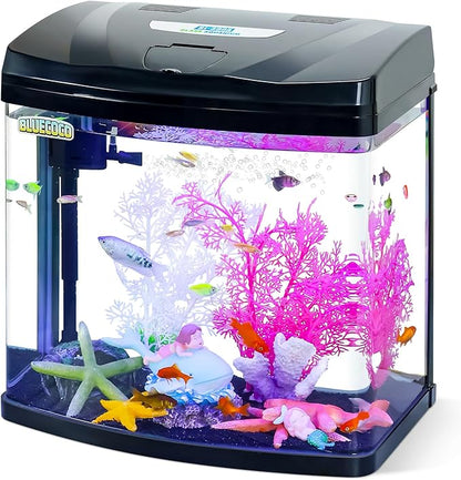6 Gallon Glass Aquarium Starter Kit with Flip-Top Feeding Port for Betta Fish: Crystal Clear Viewing, Eco-Cycle Filtration, Air Pump, and LED Lighting Bluecoco