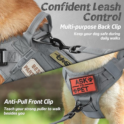 rabbitgoo Tactical Dog Harness for Large Dogs, Heavy Duty Dog Harness with Handle, No-Pull Service Dog Vest Large Breed, Adjustable Military Dog Vest Harness for Training Hunting Walking, Grey, L rabbitgoo