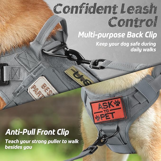 rabbitgoo Tactical Dog Harness Medium Sized, Heavy Duty Pet Harness with Handle, No-Pull Service Vest Medium Breed, Adjustable Military Dog Vest for Training Hunting Walking, Grey, M rabbitgoo