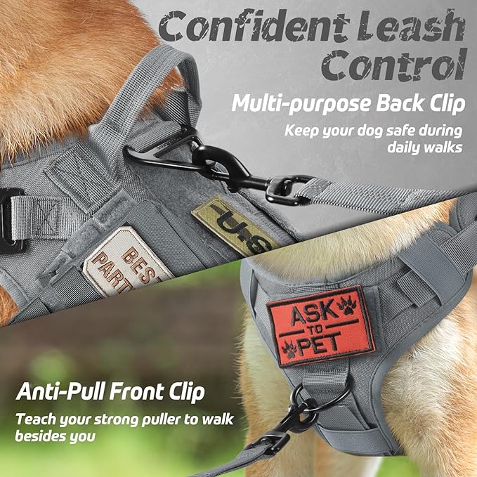 rabbitgoo Tactical Dog Harness for Large, Heavy Duty Pet Harness with Handle, No-Pull Service Vest Large Breed, Adjustable Military Dog Vest for Training Hunting Walking, Grey, XL rabbitgoo