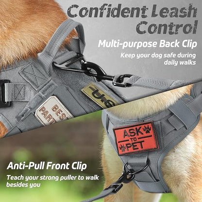 rabbitgoo Tactical Dog Harness for Large, Heavy Duty Pet Harness with Handle, No-Pull Service Vest Large Breed, Adjustable Military Dog Vest for Training Hunting Walking, Grey, XL rabbitgoo