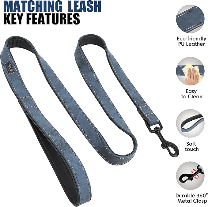 Didog Soft Padded Leather Dog Collar and Leash Set, Heavy Duty Dog Leash and Collar Set with Metal Buckle, Breathable Dog Collars with 4FT Leather Dog Leash for Small Medium Large Dogs, Blue, M Didog