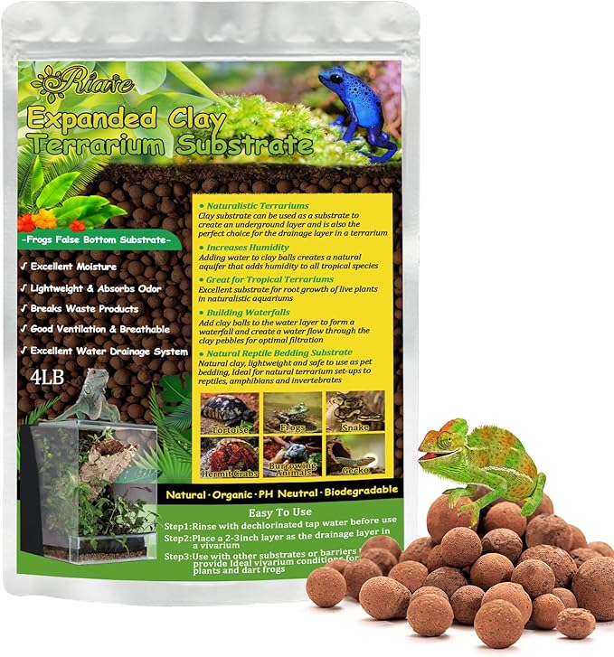 Riare 4LBS Expanded Clay Balls Terrarium Substrate for Reptiles - 100% Organic Lightweight Clay Pebbles Substrate Frogs False Bottom Substrate, Bioactive Terrarium Substrate for Drainage and Moisture Riare