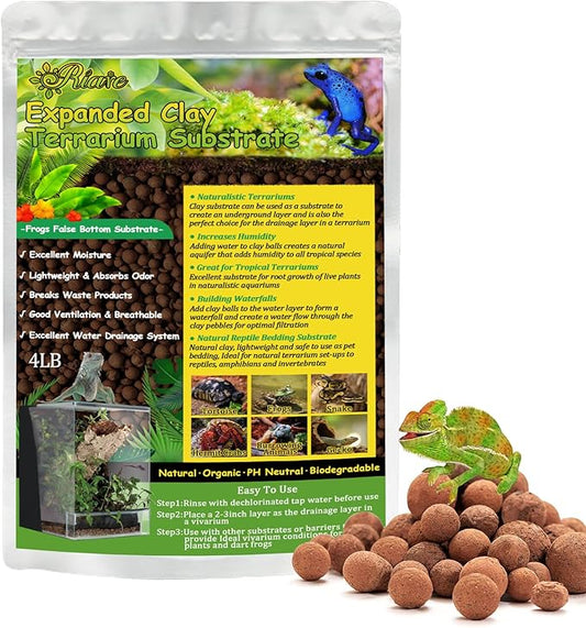 Riare 4LBS Expanded Clay Balls Terrarium Substrate for Reptiles - 100% Organic Lightweight Clay Pebbles Substrate Frogs False Bottom Substrate, Bioactive Terrarium Substrate for Drainage and Moisture Riare