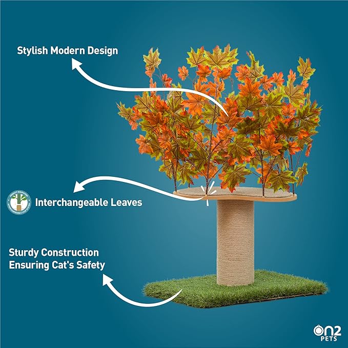On2 Pets 2ft Interchangeable Leaves Kitty Tree with Scratching Post, Cat Activity Condo Made in USA with Love and Care - PAWPICO