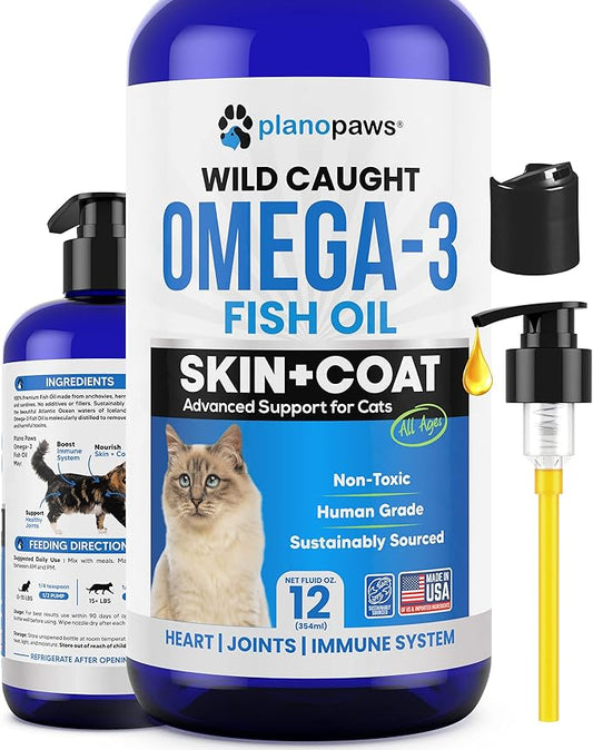 Omega 3 Fish Oil for Cats - Better Than Salmon Oil for Cats - Kitten + Cat Vitamins and Supplements - Cat Health Supplies - Cat Dandruff Treatment - Liquid Fish Oil for Pets - Cat Shedding Products planopaws