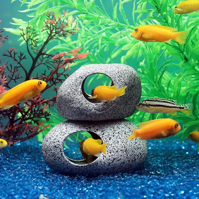 JIH Aquarium Decorations Rock, Ceramic Shelters - Shrimp Habitat, Breeding Tube, Hiding cave, Stackable Fish Tank Decor Cave for Hiding, Betta Fish (J001+J002) JIH