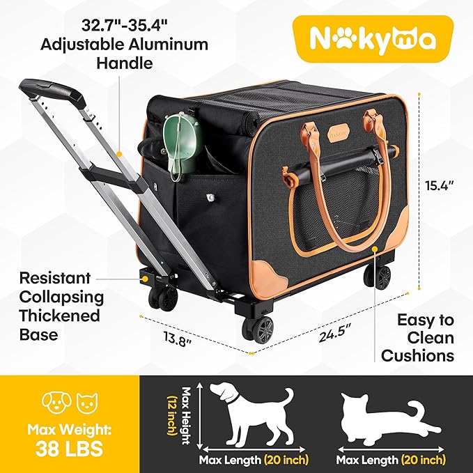 Large Cat Carrier with Wheels, Rolling Cat Carrier, 24.5"x 13.8"x 15.4" Pet Carrier with Wheels for Large Cats Small Dogs up to 38 LBS, Ideal for Travel, Walking and Camping(NOT for TSA) - PAWPICO