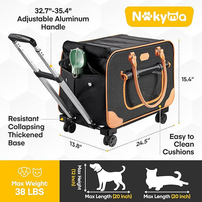 Large Cat Carrier with Wheels, Rolling Cat Carrier, 24.5"x 13.8"x 15.4" Pet Carrier with Wheels for Large Cats Small Dogs up to 38 LBS, Ideal for Travel, Walking and Camping(NOT for TSA) - PAWPICO
