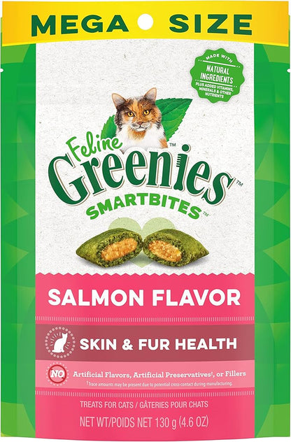 FELINE GREENIES SMARTBITES Skin & Fur Health Crunchy and Soft Natural Cat Treats, Salmon Flavor, 4.6 oz. Pack GREENIES