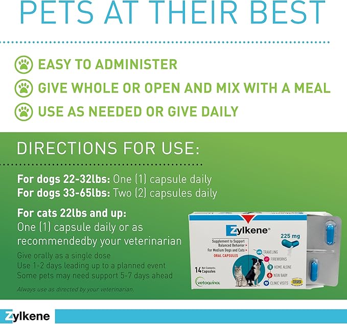 Vetoquinol Zylkene Behavior Support Capsules for Medium Dogs 33-65lbs, Calming All Natural Milk Protein Supplement, Helps Relieve Dog Anxiety During Fireworks and Thunder, 225mg Vetoquinol