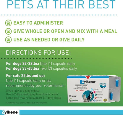 Vetoquinol Zylkene Behavior Support Capsules for Medium Dogs 33-65lbs, Calming All Natural Milk Protein Supplement, Helps Relieve Dog Anxiety During Fireworks and Thunder, 225mg Vetoquinol
