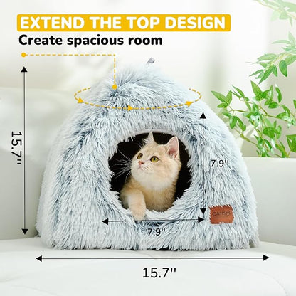 CATISM Cat Bed, Cat Cave for Indoor Cats, Soft Cat Dome, Self-Warming 2 in 1 Foldable Pet Cat House with Washable Cushioned Pillow Calming Fluffy Dog Beds for Small Dogs with Anti-Slip Bottom Gray - PAWPICO