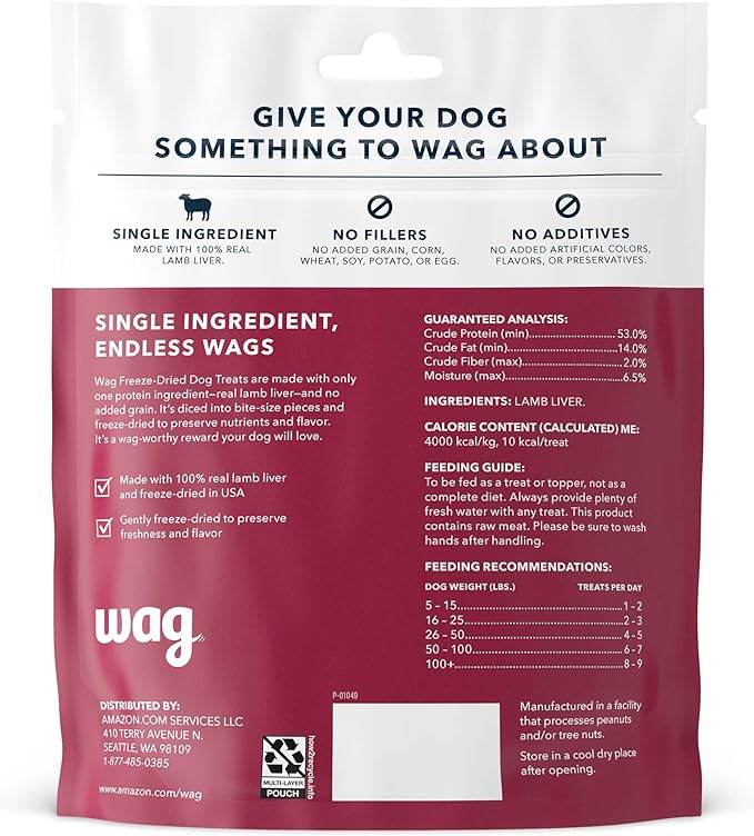Amazon Brand - Wag Freeze-Dried Raw Single Ingredient Dog Treats Lamb, 3.3oz (Pack of 2) - PAWPICO