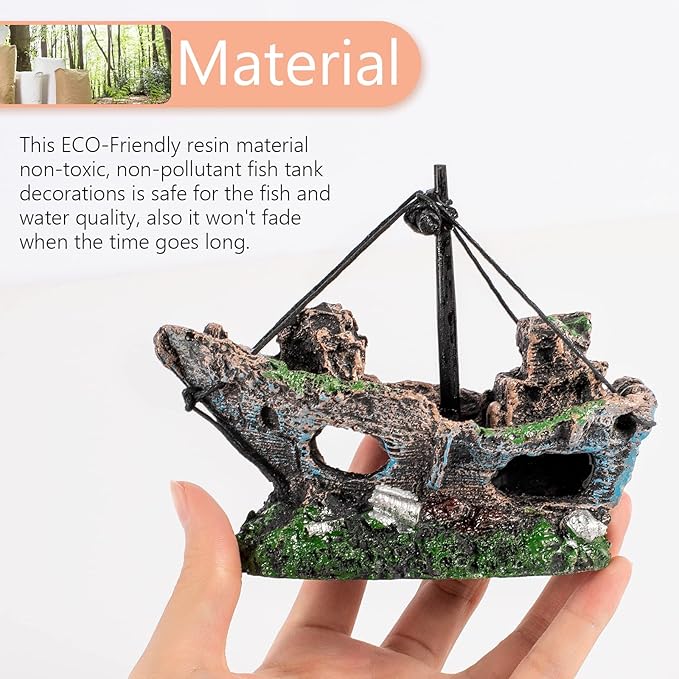 Raeasily Fish Tank Decoration - Aquarium Accessories,Shipwreck Decor,Resin Material Sunken Ship Decorations for Fish Favors, Multi, 10 * 10 Raeasily
