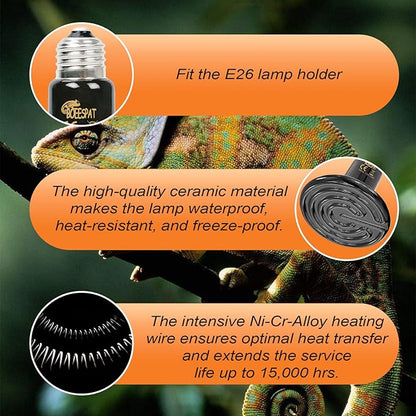 High Efficiency 75W Ceramic Heat Emitters, Pack of 2 Reptile Heat Lamp Bulbs for Bearded Dragon, Lizard, Iguana, Geckos & Small Pets Basking (Black, 75 Watts) BOEESPATDirect