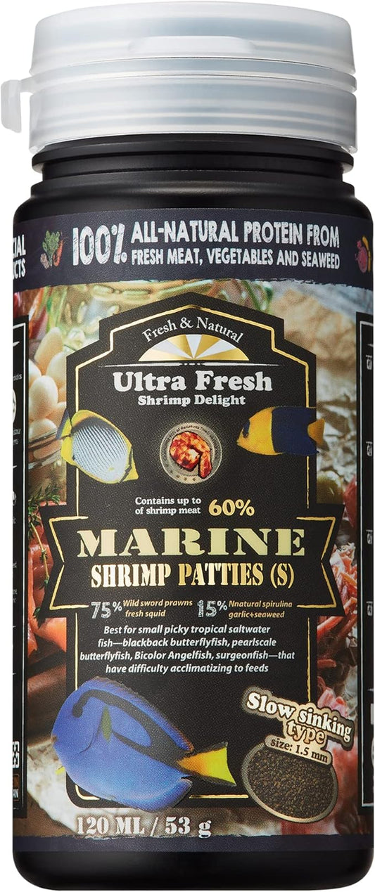 Ultra Fresh Marine Fish Food, 75% Sword Prawns + Squids, Natural Protein, Color Enhancement, for Small Saltwater Fish, Marine Shrimp Patties S 1.86oz UltraFresh-ShrimpDelight