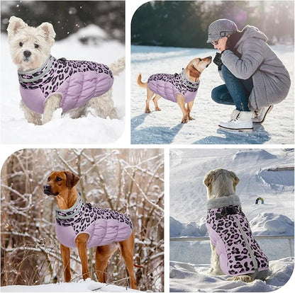 FUAMEY Dog Winter Coat,Dog Cold Weather Coats Dog Jackets with Zipper on Back with Harness Built in Dog Paded Vest Water Resistant Reflective Jacket for Small Medium Large Dogs Purple Leopard XXXL - PAWPICO