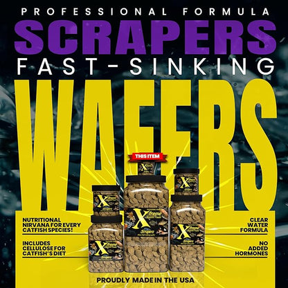 Xtreme Scrapers Wafers - Premium 14mm Fast-Sinking Fish Food – Nutrient & Cellulose Rich Ideal for Nocturnal Feeders, Catfish, Plecostomus Species, and Loaches – USA Farm Grown (2oz) XtremeAquaticFoods