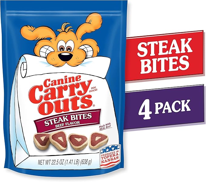 Canine Carry Outs Dog Treats, Steak Bites, 22.5 Ounce (Pack of 4), Made with Real Beef - PAWPICO