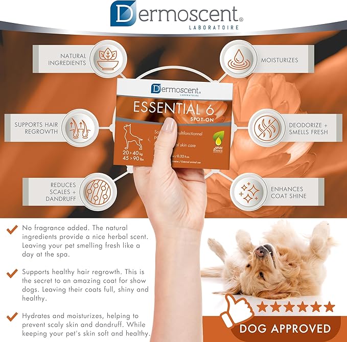 Dermoscent Essential 6 spot-on - Dog Skin Care for Dandruff & Allergy Relief with Vitamin E Oil - Anti Itch for Dogs - Natural Ingredients for Sensitive Skin - Dogs 20-40 kg - 4 Pipettes of 2.4 ml Dermoscent