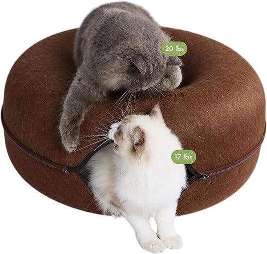 CATTASAURUS Peekaboo Cat Cave for Multiple & Large Cats Up to 30-45 Lbs, Scratch Detachable & Washable Tunnel Bed, Comfy Donut Cat Cave (Brown, Large) - PAWPICO