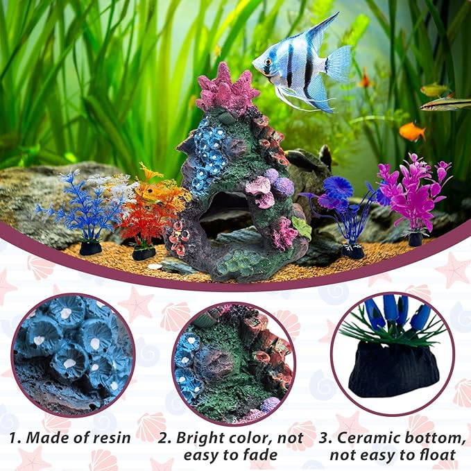 PINVNBY 5 PCS Colorful Coral Fish Tank Decorations, Resin Mountain Ornament and Artificial Plastic Plant for Goldfish Betta Fish Cave Hideout Sleep Rest Play Breed PINVNBY