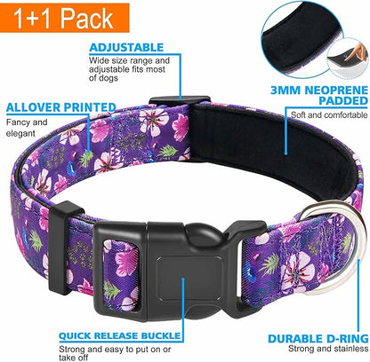 Reflective Dog Collar Padded with Soft Neoprene Breathable Adjustable Nylon Dog Collars for Small Medium Large Dogs (X-Small (Pack of 1), Purple/Pink Floral Collar+Leash) ladoogo