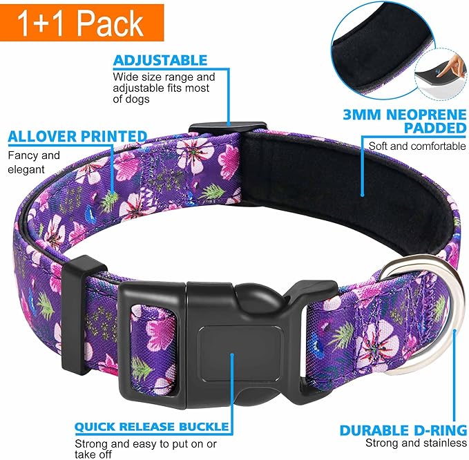 Reflective Dog Collar Padded with Soft Neoprene Breathable Adjustable Nylon Dog Collars for Small Medium Large Dogs (Small (Pack of 1), Purple/Pink Floral Collar+Leash) ladoogo
