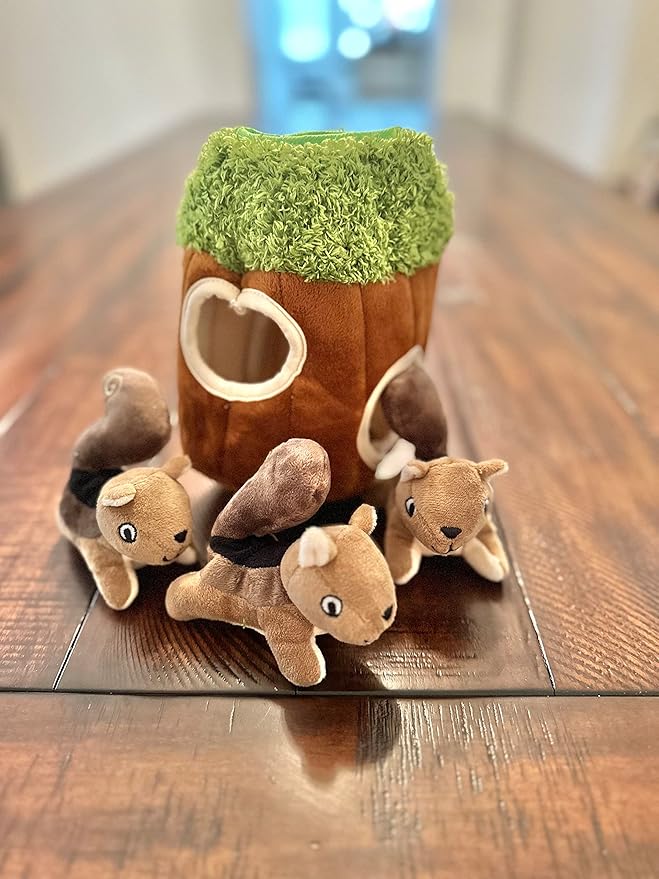 Squirrel in Tree Hide and Seek Dog Toy for Small and Medium Size Dogs, Plush Squirrel Inside Trunk Dog Toy with Squeaker, Interactive Burrow Dog Toy (Tree with Squirrels, Small) - PAWPICO