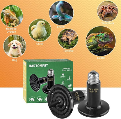 200W Ceramic Heat Emitter - Black Reptile Heat Bulb - Infrared Reptile Heat Lamp for Lizards, Amphibians, Turtles, Dogs, Cats - Ideal for Pet Heating - No Light, No Harm - ETL Listed HARTOMPET