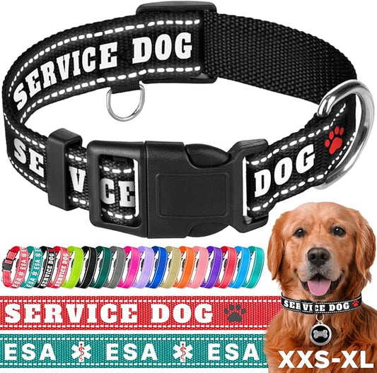 TECEUM Reflective Pet Collar – Black - Service Dog – M – Basic Nylon Dog Collar – Quick Release Buckle – Fits Small, Medium and Large Dogs, Puppies, Cats – ESA & Service Dog Options TECEUM