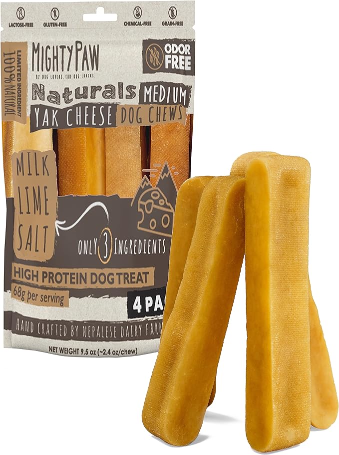Mighty Paw Yak Cheese Chews for Dogs - All-Natural Long Lasting Pet Treats - Odorless Limited-Ingredient Chews for Puppies & Power-Chewers (Medium, 4 Pack) - PAWPICO