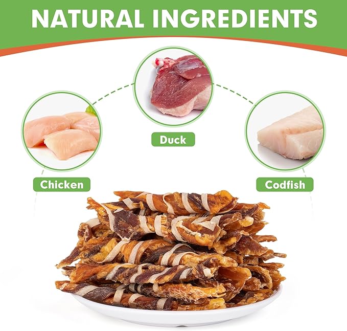 MON2SUN Dog Treats, Triple Flavor Jerky Twist Sticks, 4.5-5 Inch Chicken Duck and Codfish Sticks Dog Chews for Small Dogs, Healthy Dog Snacks, 10.58 oz (30 Count-Pack of 1) - PAWPICO