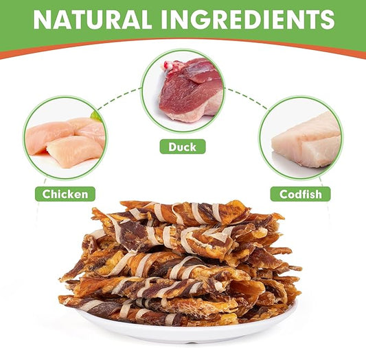 MON2SUN Dog Treats, Triple Flavor Jerky Twist Sticks, 4.5-5 Inch Chicken Duck and Codfish Sticks Dog Chews for Small Dogs, Healthy Dog Snacks, 10.58 oz (30 Count-Pack of 1) - PAWPICO
