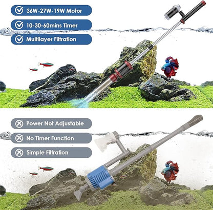 AKKEE Aquarium Vacuum Gravel Cleaner, 8 in 1 Multifunctional 36W Fish Tank Gravel Cleaner Vacuum for Water Changer Wash Sand Water Filter Circulation Aquarium Vacuum Cleaner with Timed Off Waterproof AKKEE